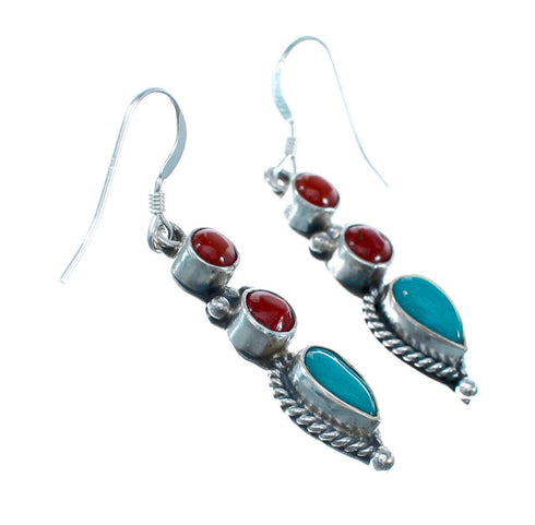 Native American Turquoise And Coral Sterling Silver Hook Dangle Earrings NX11519